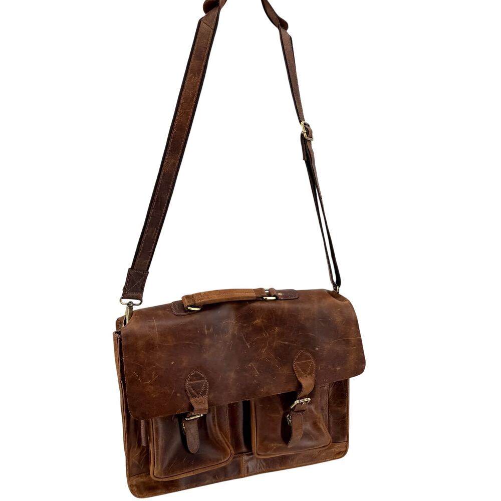 Vintage Y2K Distressed Brown Genuine Leather Heavy Messenger Briefcase Bag